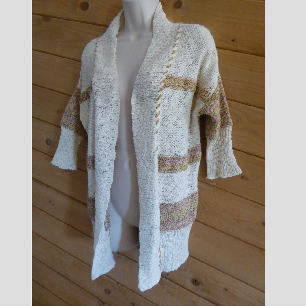 American Rag Cream Brown Open Knit Wrap Cardigan M - Picture 2 of 7